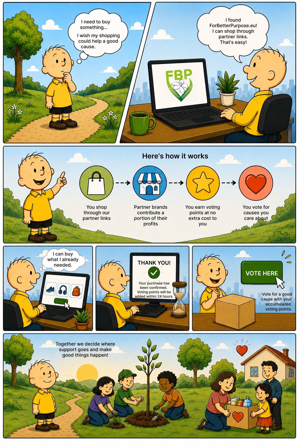Illustrated comic showing the For Better Purpose process, including shopping, collecting voting points and voting for charitable causes.