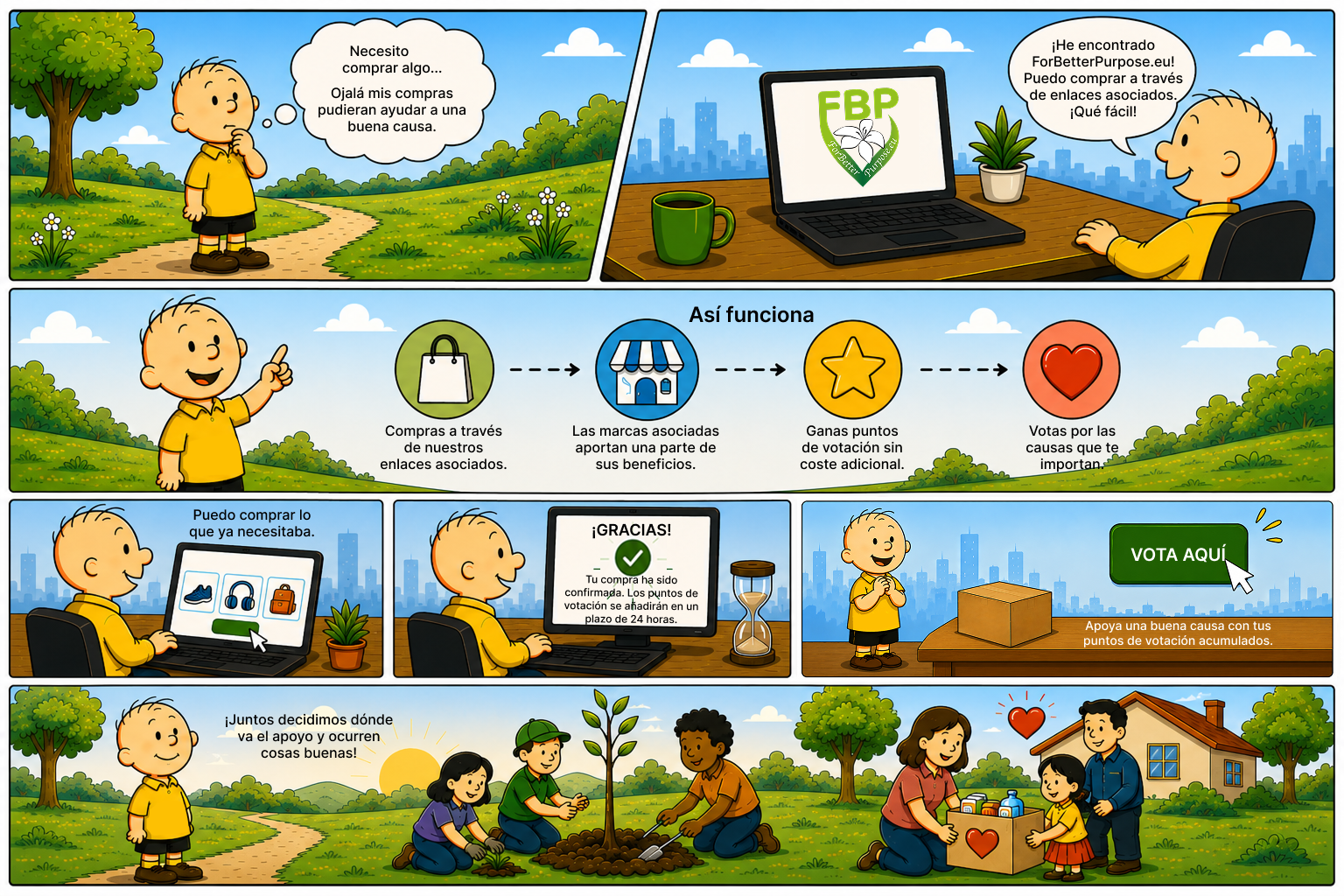 Illustrated comic explaining how For Better Purpose works, from shopping with partner brands to collecting voting points and supporting charities.