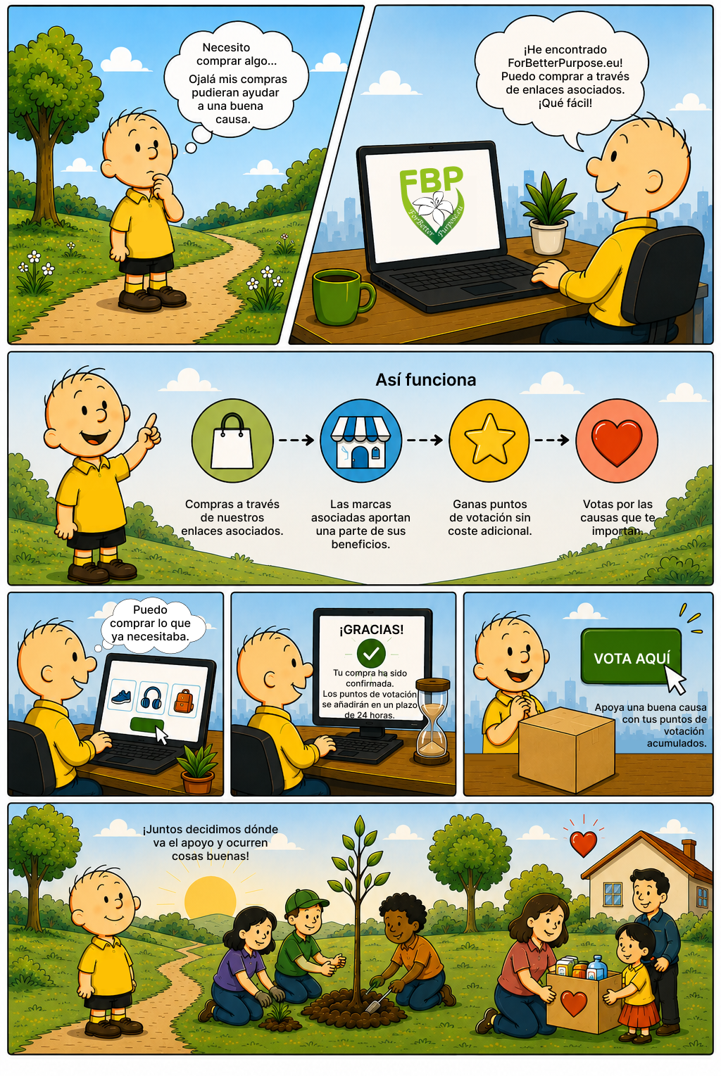 Illustrated comic showing the For Better Purpose process, including shopping, collecting voting points and voting for charitable causes.