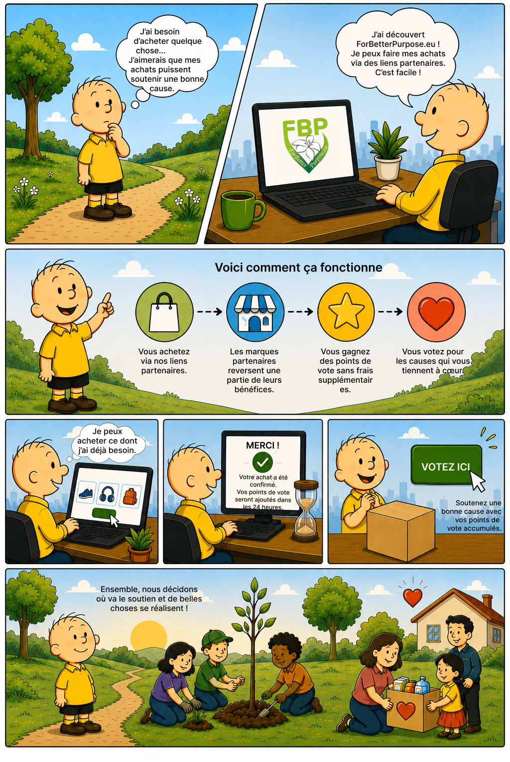 fr Illustrated comic showing the For Better Purpose process, including shopping, collecting voting points and voting for charitable causes.